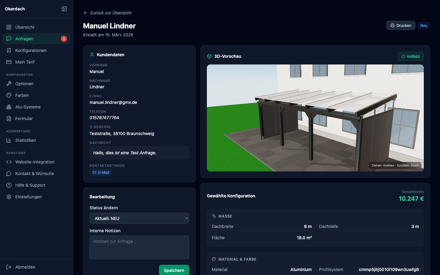Anfrage-Detailansicht mit 3D-Vorschau der konfigurierten Terrassenüberdachung