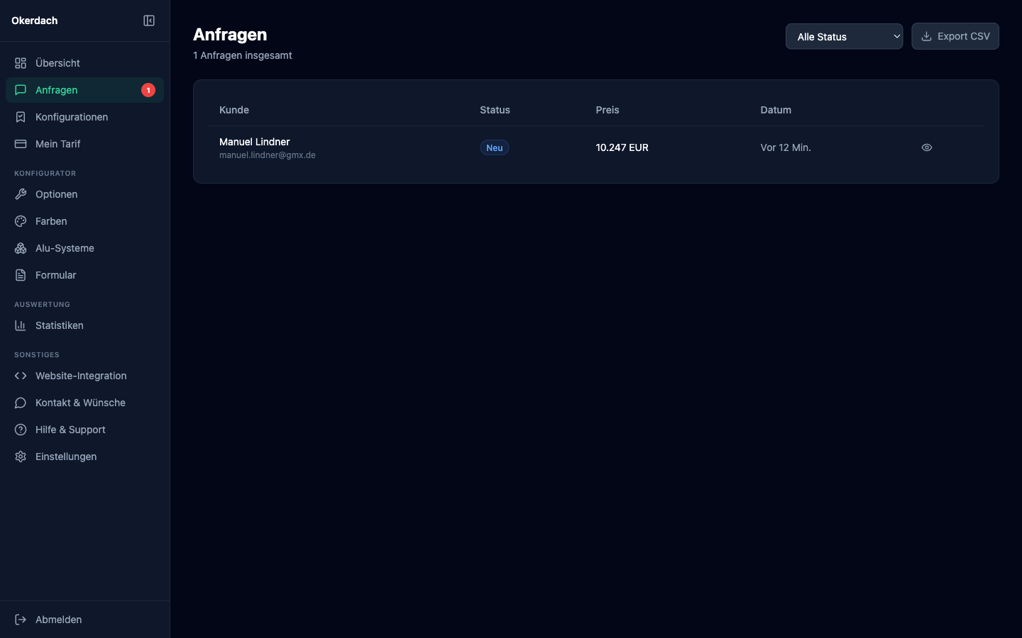 Anfragen-Liste mit Status-Filter und CSV-Export