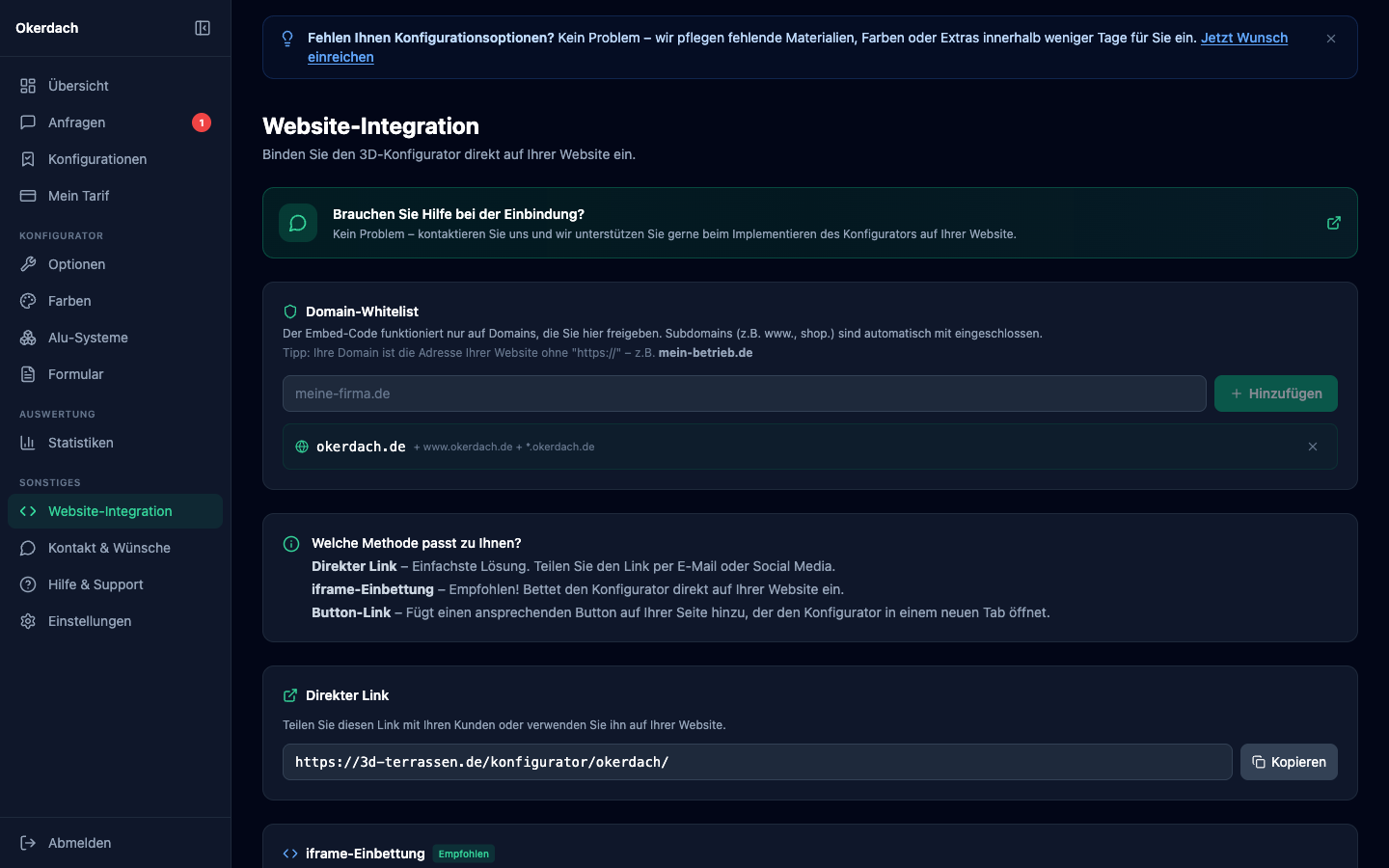 Website-Integration mit Domain-Whitelist und Embed-Code