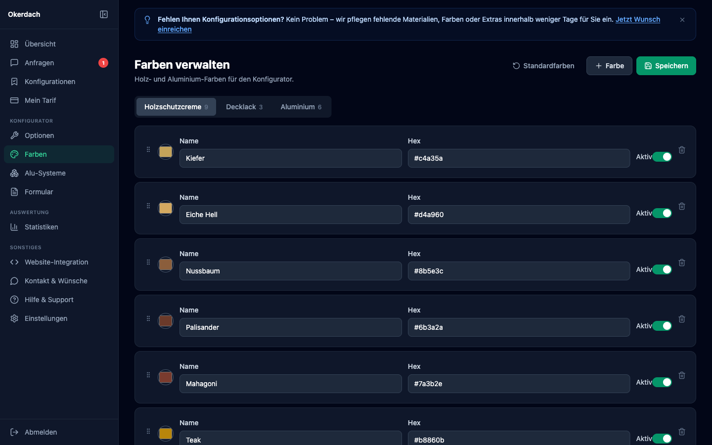 Farbverwaltung mit Holzschutzcreme, Decklack und Aluminium-Farben