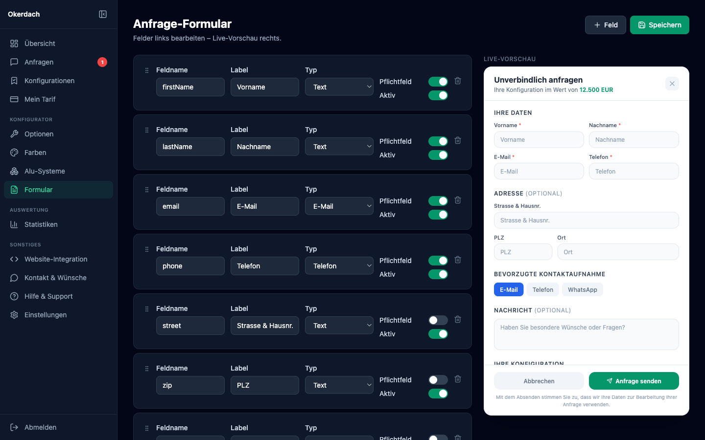 Formular-Builder mit Live-Vorschau des Anfrageformulars