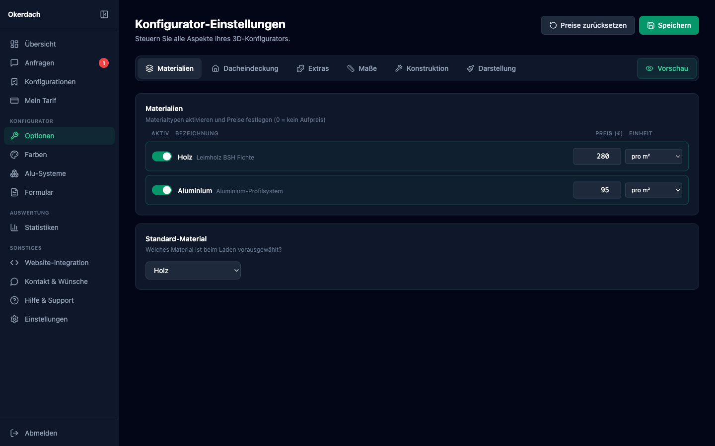 Konfigurator-Einstellungen mit Materialien, Dacheindeckung, Extras und Preisen